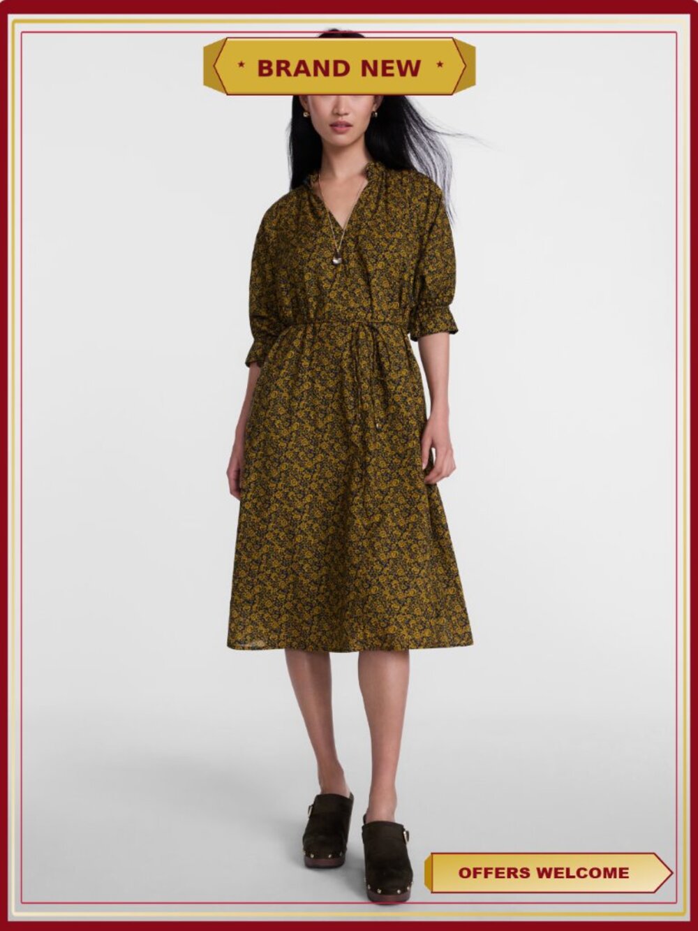 Midi Dress Short Sleeves Drawcord Waist Elasticized Cuffs